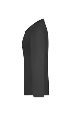 A black long-sleeve ladies shirt displayed from the side, featuring a simple design and a logo.