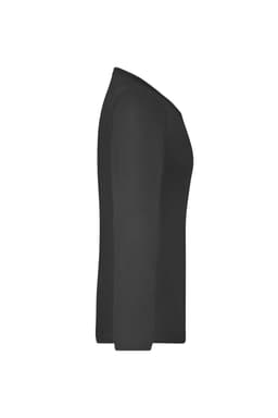 A black long-sleeved ladies' shirt displayed from the side, featuring a simple design and a logo.
