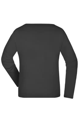 A black long-sleeved ladies shirt with a simple design and a rear view. It features a logo.