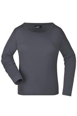 A long-sleeved, medium-sized ladies' shirt in a dark grey colour, featuring a round neckline and one branded label.
