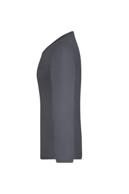 A long-sleeved, medium-sized ladies shirt in a dark grey colour, featuring a simple design. It has a branding logo.
