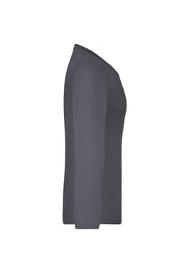 A long-sleeved grey ladies shirt with a fitted silhouette, featuring a logo on the side.