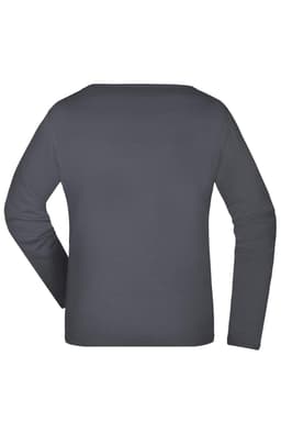 A grey long-sleeve ladies shirt with a simple design, featuring a logo on the back.