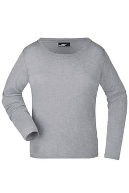 A grey long-sleeve ladies shirt with a round neckline and one visible sleeve. It features a logo.