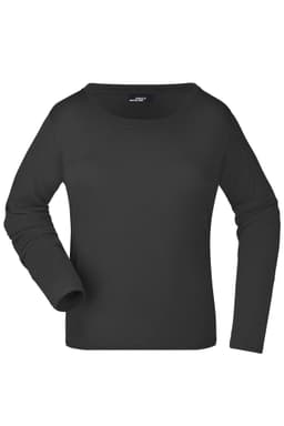 A black long-sleeved ladies shirt features a crew neck and has a logo. The fabric appears smooth and comfortable.