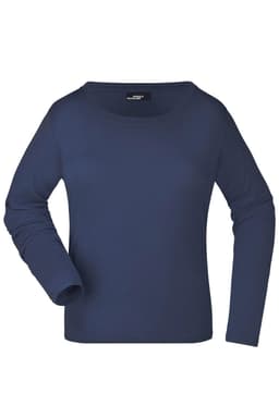 A navy blue long-sleeve ladies shirt with a round neckline and long sleeves, featuring a logo.