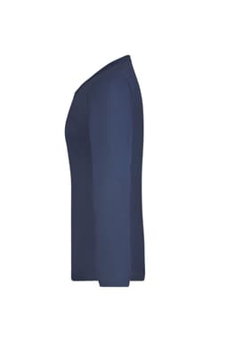 A navy blue long-sleeved ladies shirt with a side view, featuring a simple design and a logo.