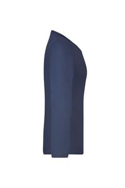 A navy long-sleeve ladies shirt displayed from the side, featuring a simple design and a branding logo.
