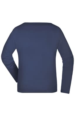 A navy long-sleeve ladies shirt displayed from the back. The shirt features a simple design and includes a logo.
