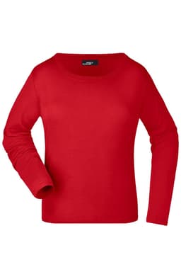 A red long-sleeved ladies' shirt with a round neckline and a label.