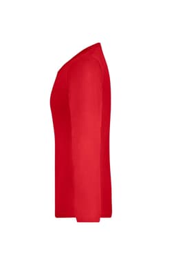 A red long-sleeve ladies shirt with a fitted design, featuring a side view. It has a logo on it.