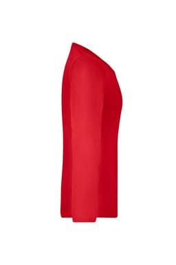 A red long-sleeved ladies shirt displayed from the side, featuring a simple design and a logo.
