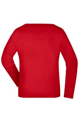 A red long-sleeved women's shirt with a plain back design. The shirt features a label or logo.