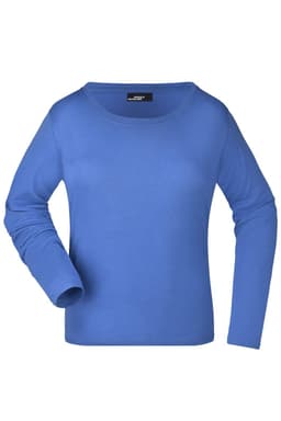 A blue long-sleeve women's shirt with a round neckline and branding on the label.
