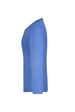 A blue long-sleeve ladies shirt displayed from the side, featuring a logo on the fabric.