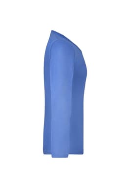 A medium-sized long-sleeve ladies shirt in bright blue, featuring a fitted style and a round neckline.