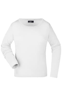 A long-sleeved white ladies' shirt featuring a round neckline and one visible logo.