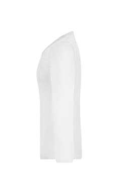 A white long-sleeve shirt displayed from the side, featuring a simple design and a logo.