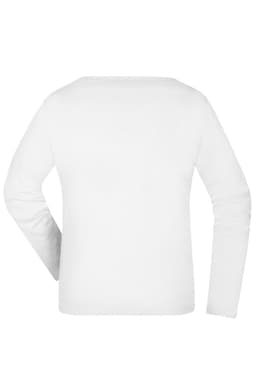 A white long-sleeved shirt with a simple design and a logo on the back. Suitable for casual wear.