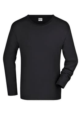 A black long-sleeve men's t-shirt with a round neckline and a logo on the label.