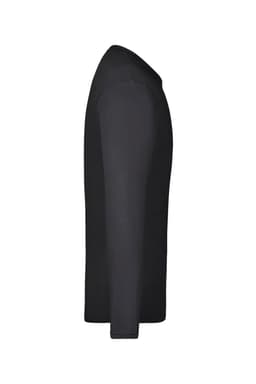 A black long-sleeve t-shirt on a plain background with a slight curve at the neckline and a logo on the fabric.