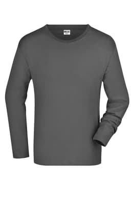 A long-sleeve grey men's t-shirt with a round neckline and one sleeve visible. It features a logo at the neckline.