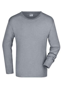 A long-sleeved grey t-shirt with a round neckline and one cuffed sleeve, featuring a brand logo.