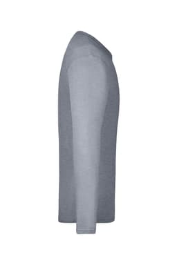 A grey long-sleeved T-shirt displayed from the side, featuring a simple design and a logo on the fabric.