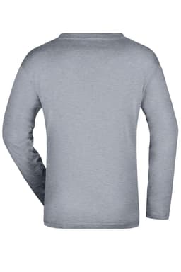 A grey long-sleeved T-shirt with a simple design and a logo on the back. Ideal for casual wear.