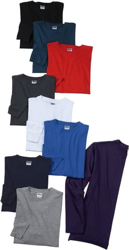 A collection of men's long-sleeve t-shirts in various colours, including black, navy, red, grey, white, blue, and purple.