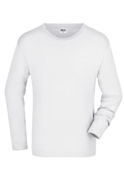 A white long-sleeve t-shirt for men with a round neckline and a single logo on the label.