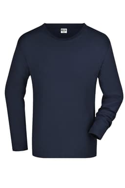 A navy long-sleeved T-shirt with a round neck and a tag visible at the collar. It features a simple design and has one logo.