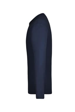 A navy long-sleeve t-shirt featuring a logo, shown from the side.