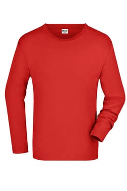 A red long-sleeved t-shirt with a round neckline, featuring a logo on the label.