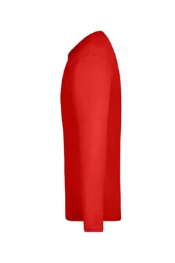 A red long-sleeve men's t-shirt with a fitted side profile. It features a logo on the surface.