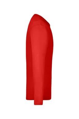 A red long-sleeve t-shirt displayed from the side, featuring a logo on the front.