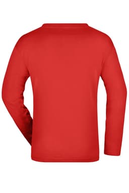 A long-sleeved red T-shirt with a plain back, featuring a logo at the collar area.