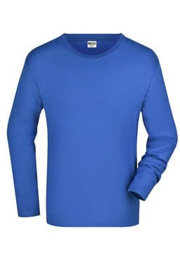 A long-sleeve men's T-shirt in a vibrant blue colour with a crew neckline and a logo on the label.