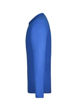 A long-sleeve medium-sized t-shirt in a vibrant blue colour, featuring a simple design and a logo.