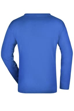 A long-sleeved medium men's T-shirt in blue, featuring a simple design and a plain back. It has a logo.