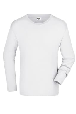 A long-sleeved white t-shirt with a crew neckline and one sleeve partially rolled up. It features a logo.
