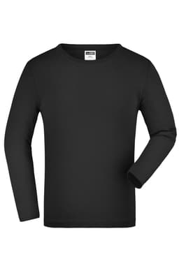 A long-sleeved black shirt with a round neckline and a logo label on the collar.
