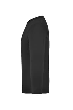 A long-sleeve shirt in black, featuring a simple design and a logo on the side.