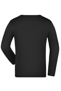 A black long-sleeve shirt, featuring a simple design and a logo on the back.