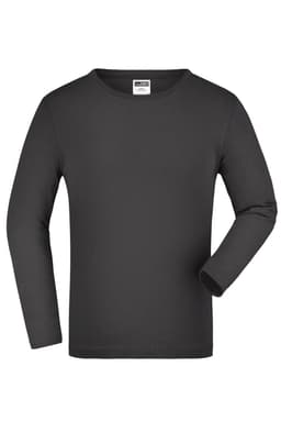 A long-sleeve, medium-sized shirt in dark grey with a crew neck. It features a branding label.
