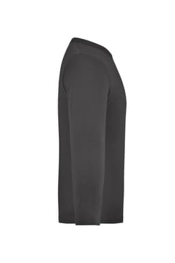 A long-sleeve medium shirt in dark grey with a simple design and a logo.