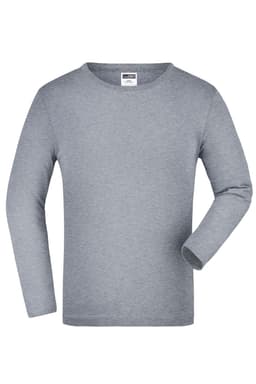 A medium long-sleeve shirt in grey with a simple design and a tag at the neckline. It features a logo.