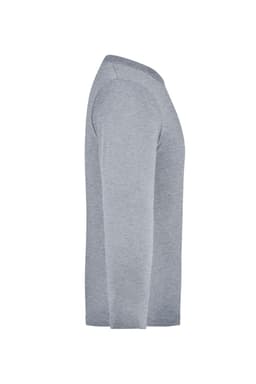 A long-sleeved medium shirt in grey with a seamless design. Features a branding logo.