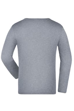 A long-sleeve grey junior shirt with a simple design and a logo on the back.