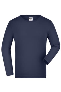 A navy long-sleeve junior shirt with a round neckline and a plain design. It features a logo on the label.